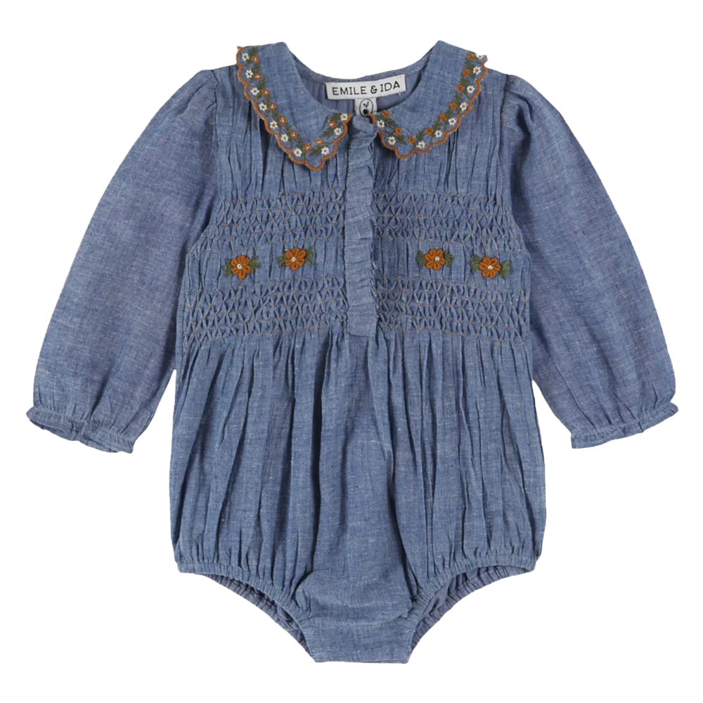 SMOCKED BABY ROMPER  CHAMBRAY - EMILE ET IDA