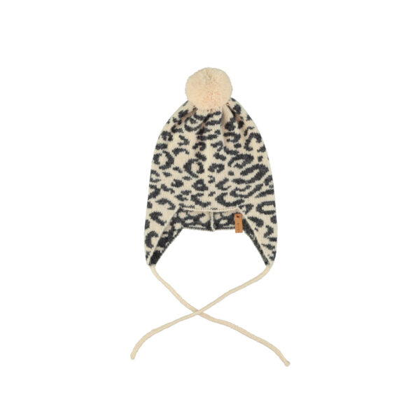 Knitted baby bonnet | Light pink w/ black animal print - PIUPIUCHICK