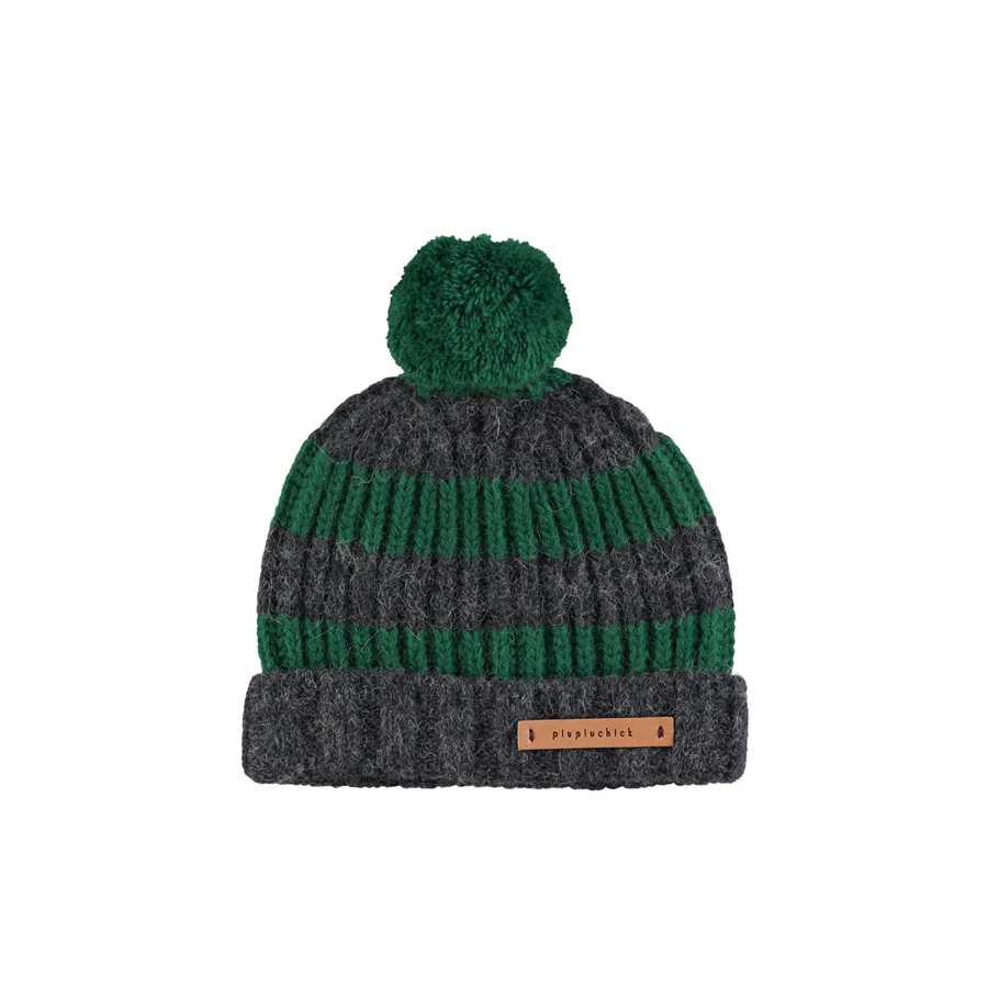 Knitted hat w/ pompon | Grey & green stripes - PIUPIUCHICK