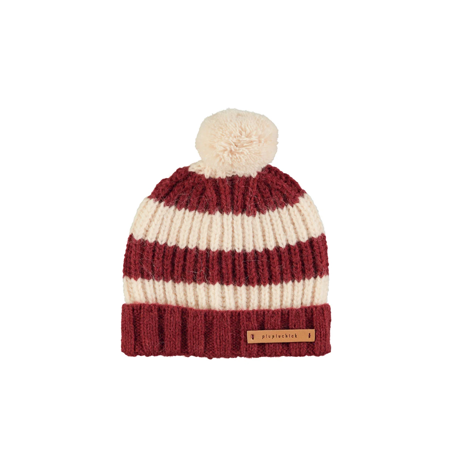 Knitted hat w/ pompon | Bordeaux & light pink stripes - PIUPIUCHICK