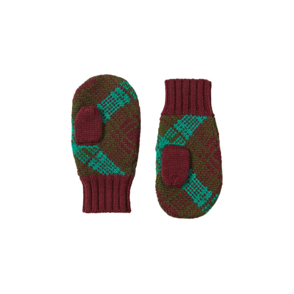 BABY MERINO CHECK MITTENS KHAKI/ BURGUNDY/ GREEN - CARAMEL