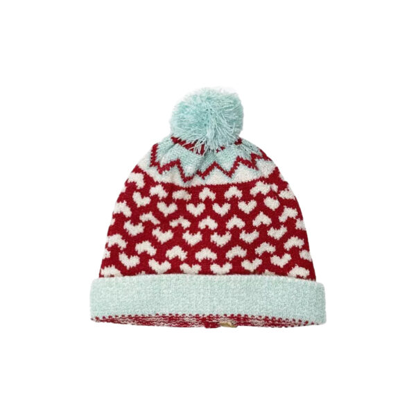 Bonnet Jacquard en tricot rouge / turquoise / blanc avec pompon - MINIKANE
