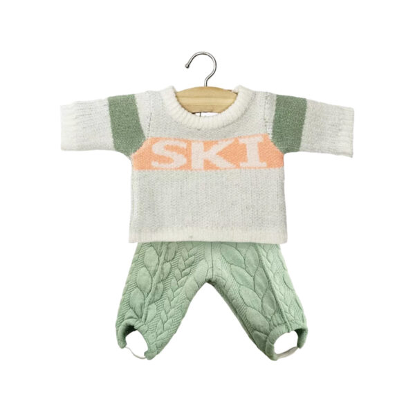 Ensemble pull « SKI » en tricot orange / vert et fuseau Popeye en moleton torsadé vert eucalyptus - MINIKANE