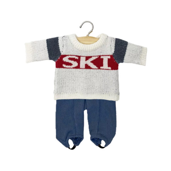 Ensemble pull « SKI » en tricot rouge / bleu et fuseau Popeye en jersey chiné bleu denim - MINIKANE
