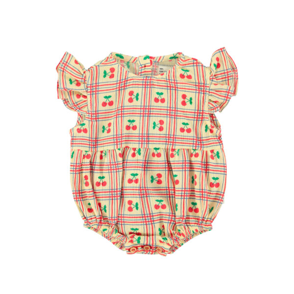 sleeveless baby romper | light yellow w/ cherries allover - PIUPIUCHICK